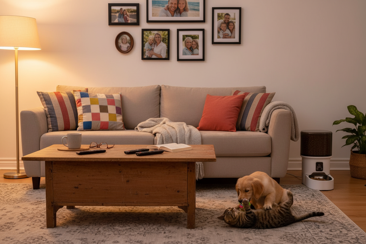 American Middle-Class Living Room with Pets